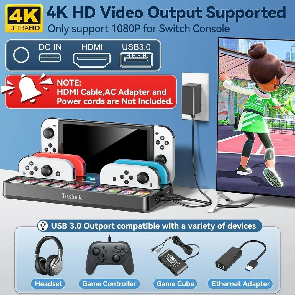 Tokluck NS Docking Station with Controller Charger TV Adapter and 10 Game Slots